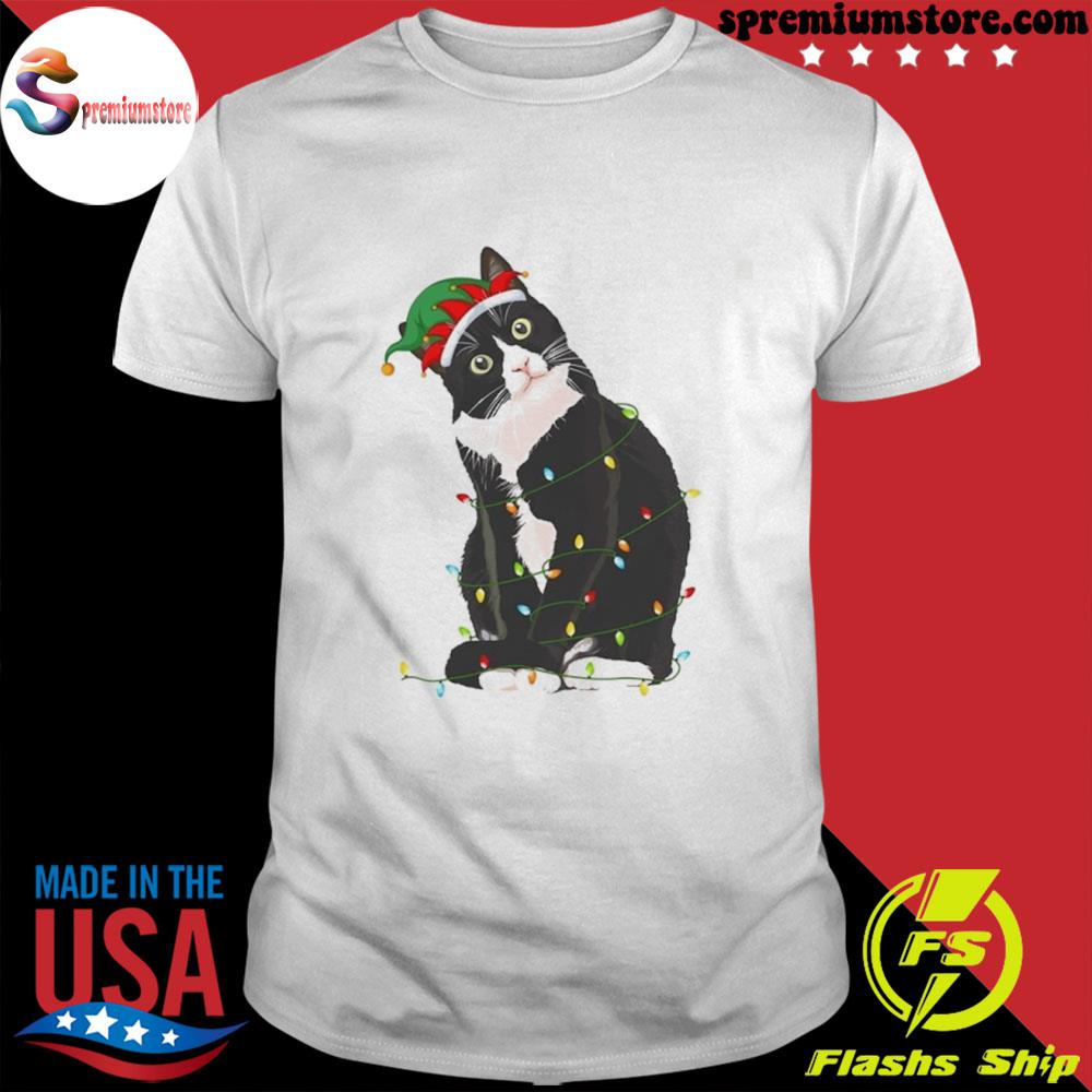 Official black And White Cat Custom ELF Christmas Light T-shirt